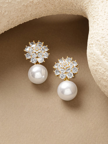 Gold Toned Crystal Studded Pearl Drop Earrings