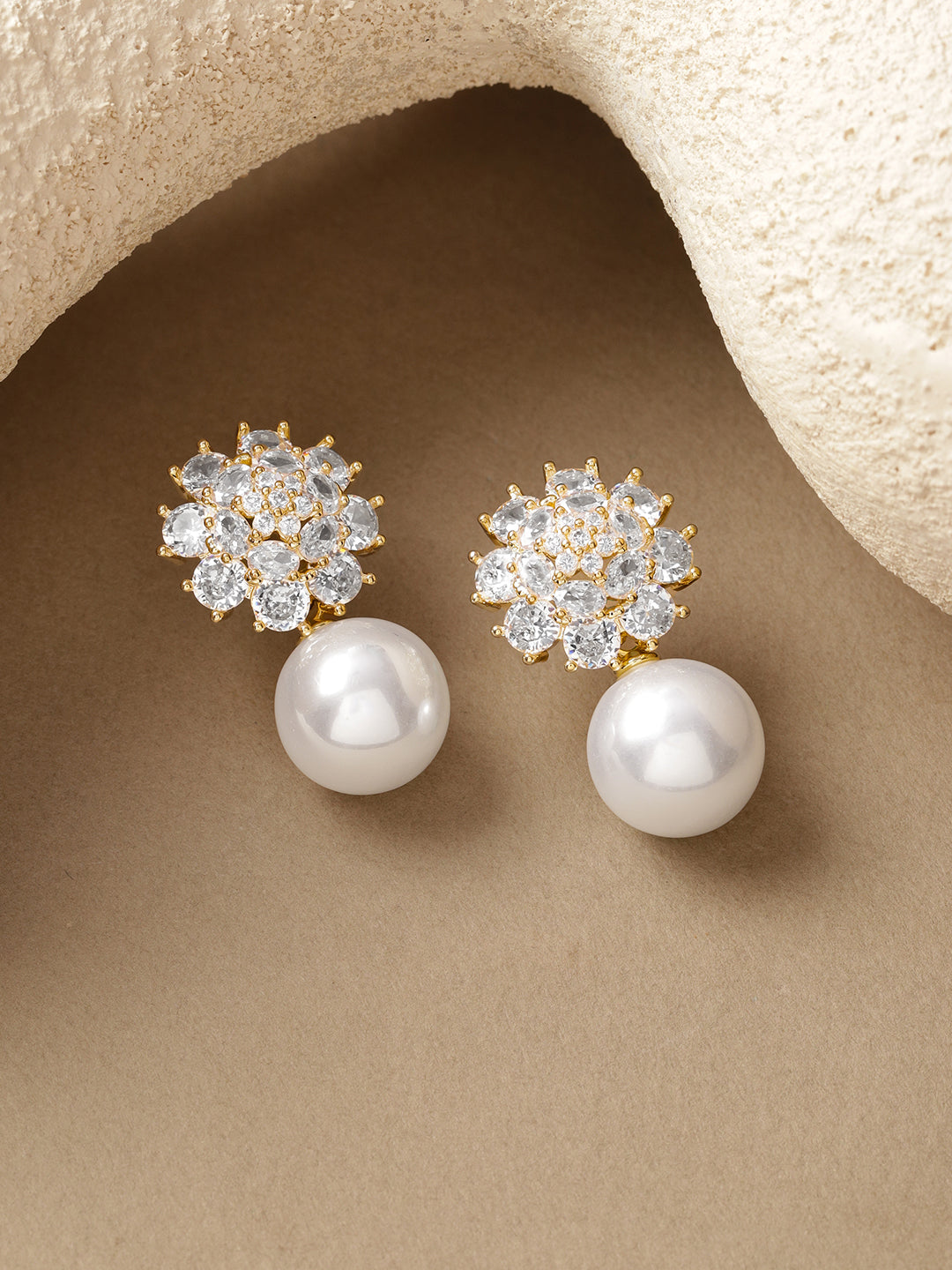 Rubans 18K Gold Plated Cubic Zirconia Studded & Pearls Beaded Floral Shaped Drop Earrings