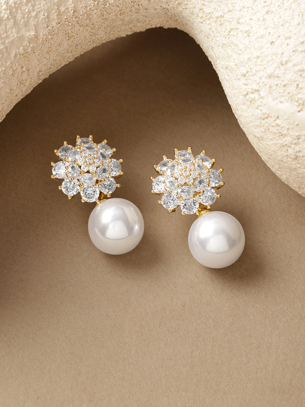 Gold Toned Crystal Studded Pearl Drop Earrings