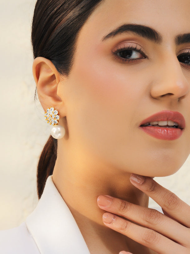 Gold Toned Pearl Drop Stud Earrings