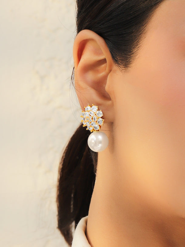 Gold Toned Pearl Drop Stud Earrings