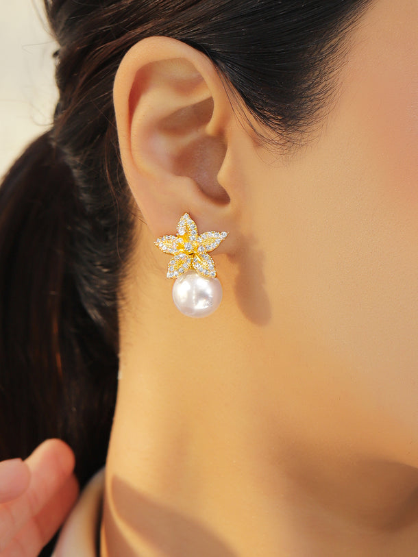 Star Motif Pearl Drop Silver Stud Earrings