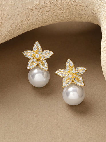 Star Motif Pearl Drop Silver Stud Earrings