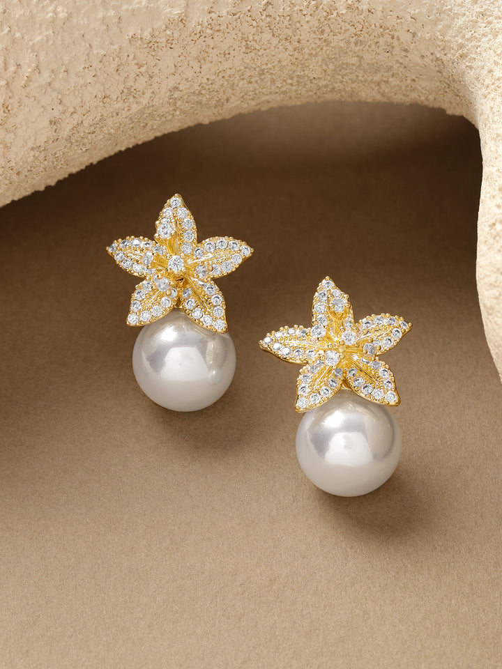 Rubans 18K Gold-Plated Cubic Zirconia Floral with White Pearls Studs