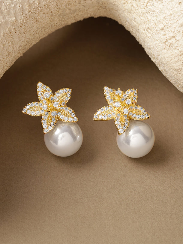 Star Motif Pearl Drop Silver Stud Earrings