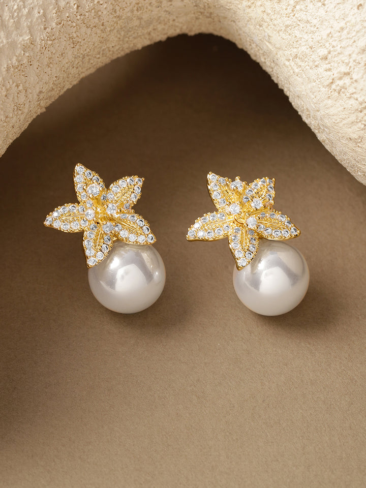 Rubans 18K Gold-Plated Cubic Zirconia Floral with White Pearls Studs