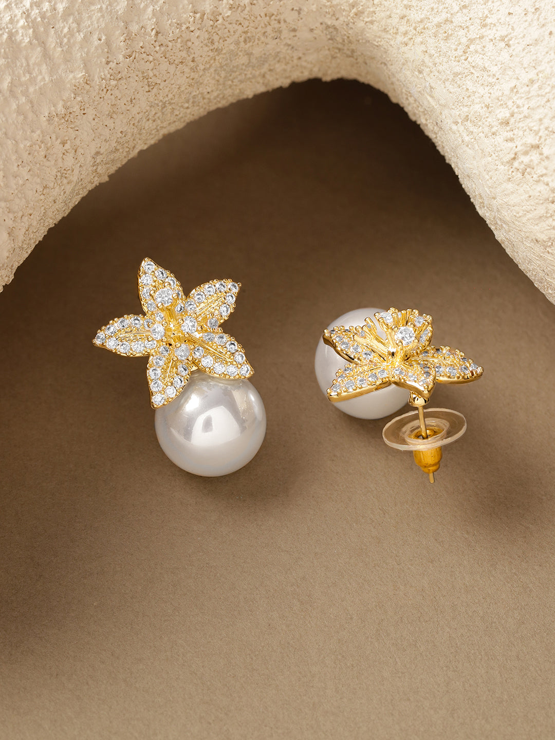 Rubans 18K Gold-Plated Cubic Zirconia Floral with White Pearls Studs