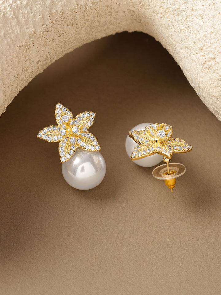 Rubans 18K Gold-Plated Cubic Zirconia Floral with White Pearls Studs