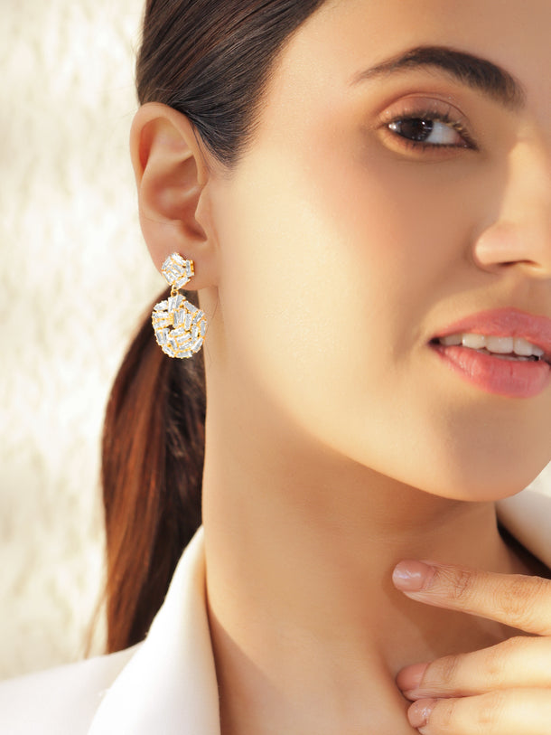 White Crystal Cut Gold Drop Earrings