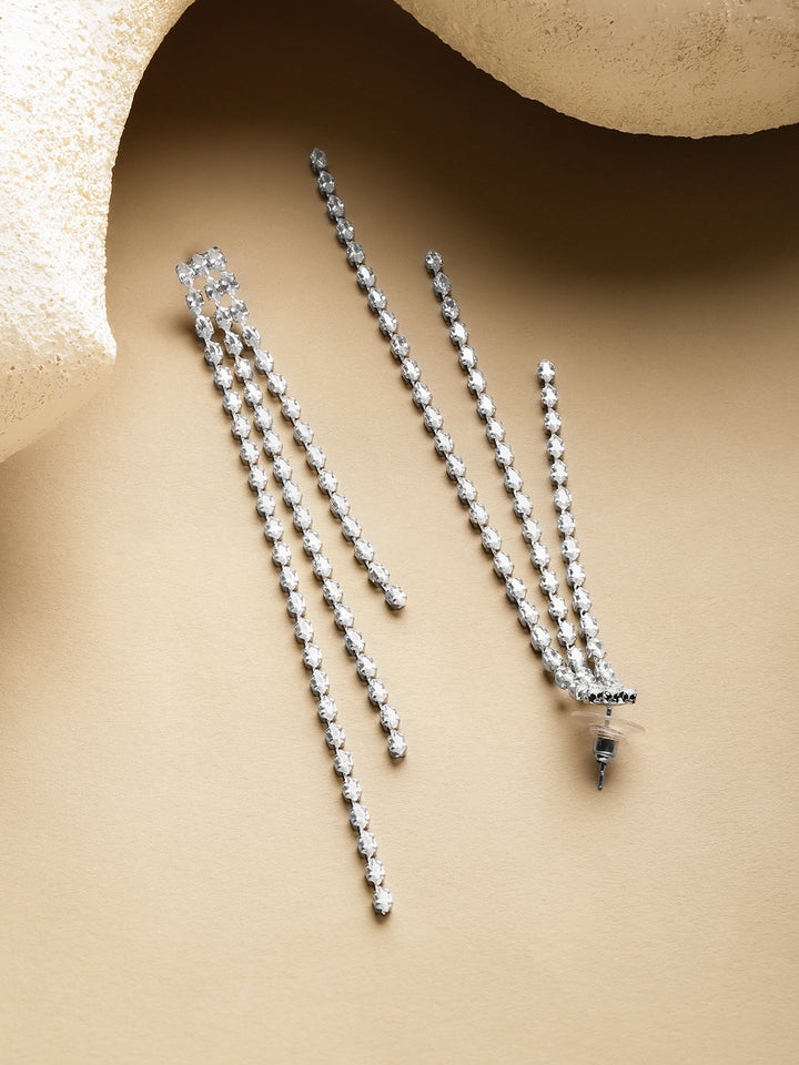 Rubans Rhodium-Plated Crystals Contemporary Drop Earrings