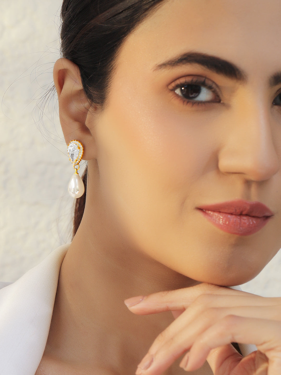 Rubans 18K Gold-Plated Cubic Zirconia Studded & Pearls Beaded Teardrop Drop Earrings