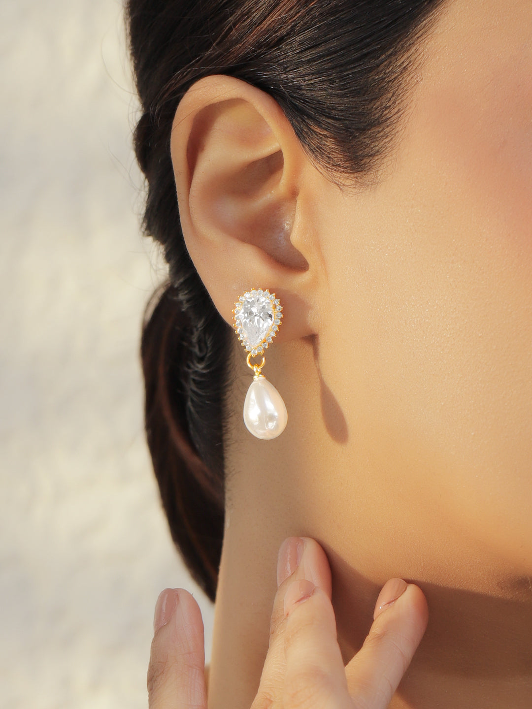 Rubans 18K Gold-Plated Cubic Zirconia Studded & Pearls Beaded Teardrop Drop Earrings