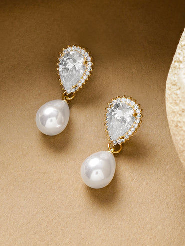 Crystal Studded Pearl Drop Earrings