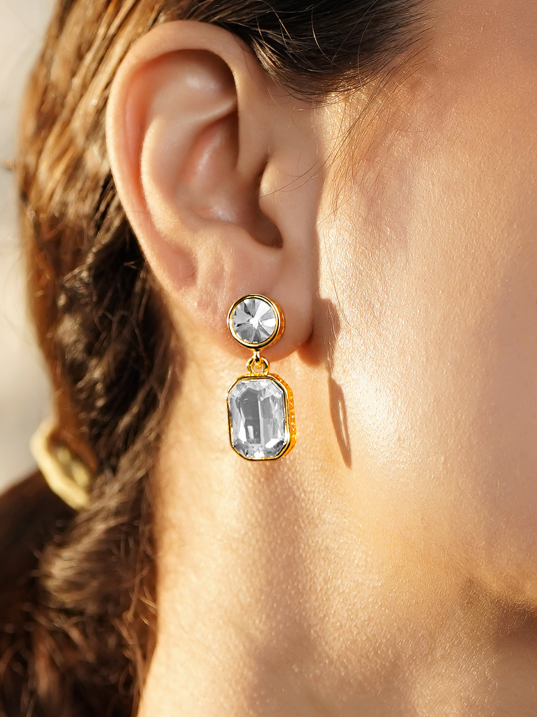 Rubans 18K Gold Plated Crystals Studded Geometric Drop Earrings