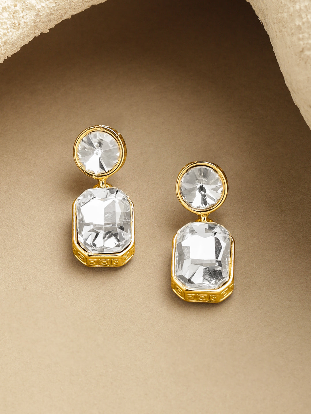 Rubans 18K Gold Plated Crystals Studded Geometric Drop Earrings