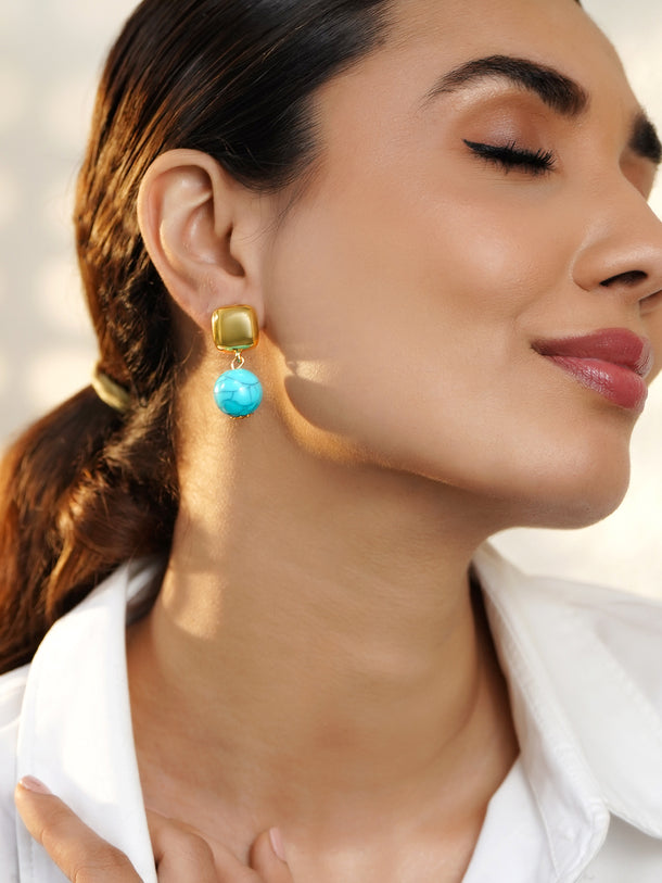 Gold Toned Blue Drop Earrings