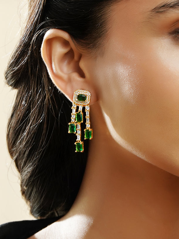 Rubans 18K Gold Plated Emerald Green & White Crystal AD Studded Statement Drop Earrings