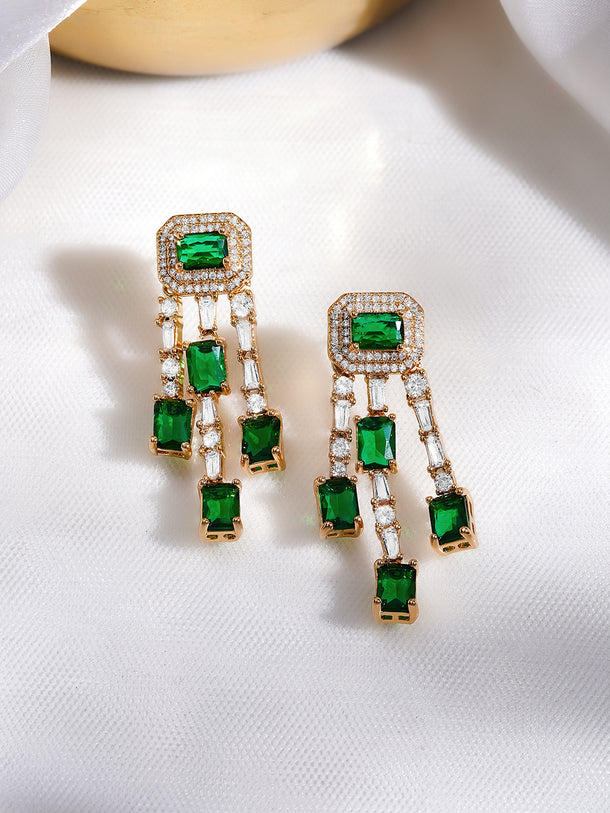 Rubans 18K Gold Plated Emerald Green & White Crystal AD Studded Statement Drop Earrings