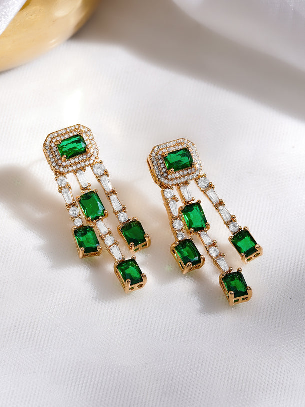 Rubans 18K Gold Plated Emerald Green & White Crystal AD Studded Statement Drop Earrings