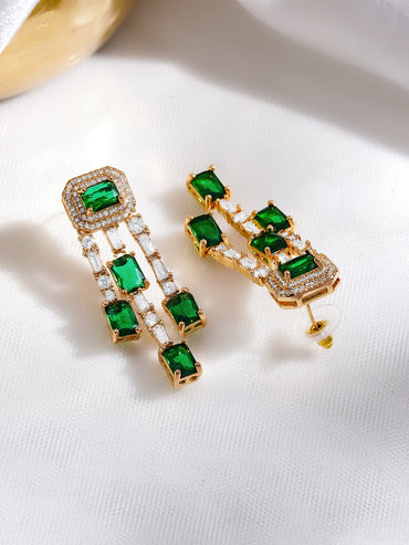 Rubans 18K Gold Plated Emerald Green & White Crystal AD Studded Statement Drop Earrings