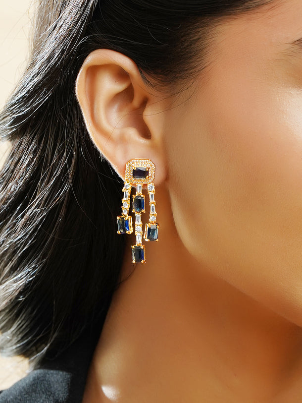 Rubans 18K Gold-Plated Blue & White Crystal AD Studded Statement Drop Earrings