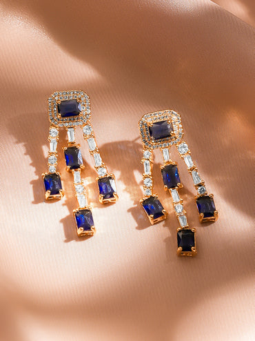 Rubans 18K Gold-Plated Blue & White Crystal AD Studded Statement Drop Earrings
