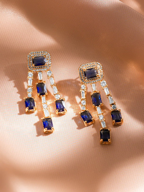 Rubans 18K Gold-Plated Blue & White Crystal AD Studded Statement Drop Earrings