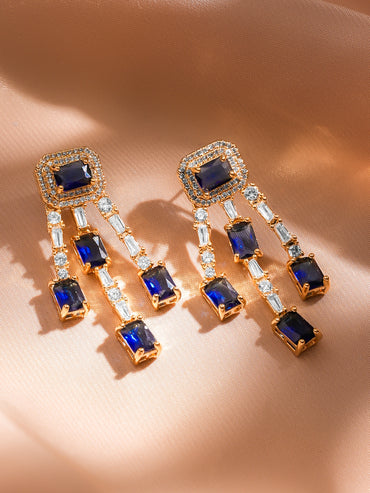 Rubans 18K Gold-Plated Blue & White Crystal AD Studded Statement Drop Earrings