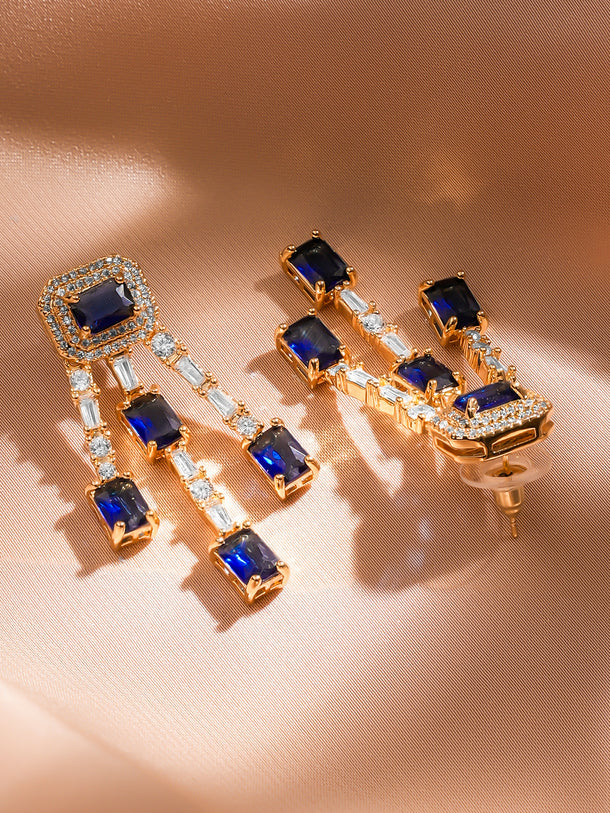 Rubans 18K Gold-Plated Blue & White Crystal AD Studded Statement Drop Earrings