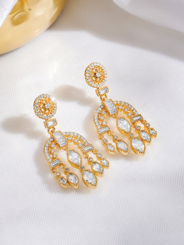 Rubans 18K Gold Plated Arch Chandelier Earrings with Marquise & Teardrop Cubic Zirconia