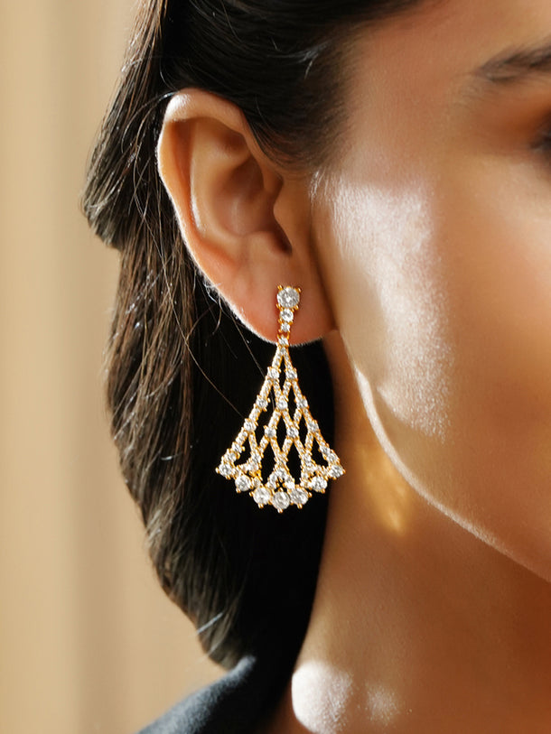 Rubans 18K Gold Plated Lattice Fan Design Cubic Zirconia Dangler Earrings