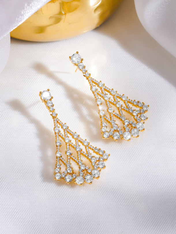 Rubans 18K Gold Plated Lattice Fan Design Cubic Zirconia Dangler Earrings