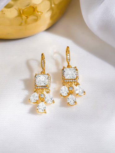Rubans 18K Gold Plated Square & Pear Crystal Zirconia Stone Elegant Drop Earrings