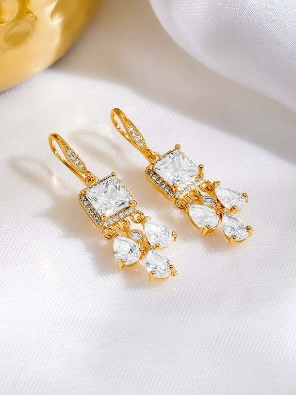 Rubans 18K Gold Plated Square & Pear Crystal Zirconia Stone Elegant Drop Earrings