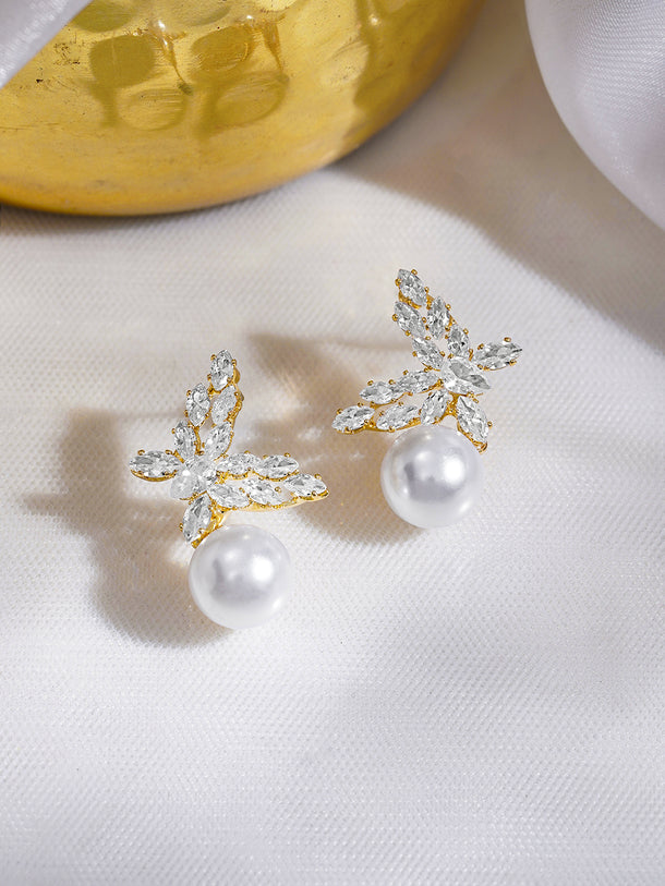 Rubans 18K Gold-Plated Butterfly Marquise Crystal & Pearl Drop Elegant Earrings