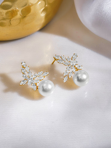Rubans 18K Gold-Plated Butterfly Marquise Crystal & Pearl Drop Elegant Earrings