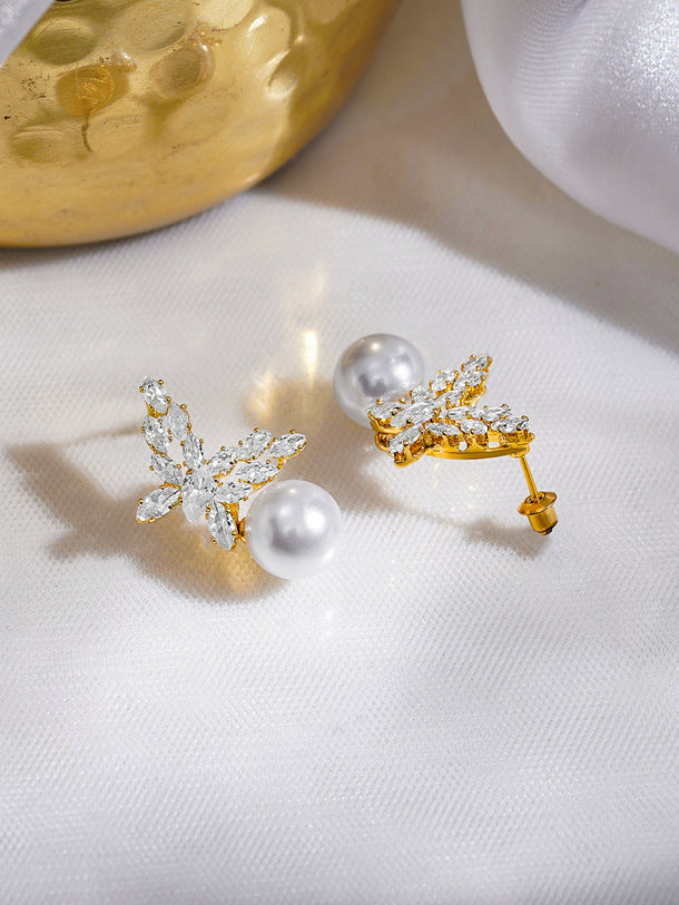 Rubans 18K Gold-Plated Butterfly Marquise Crystal & Pearl Drop Elegant Earrings