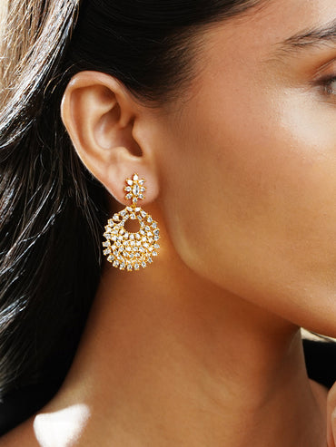 Rubans 18K Gold-Plated Round Crystal Zirconia Studded Statement Drop Earrings