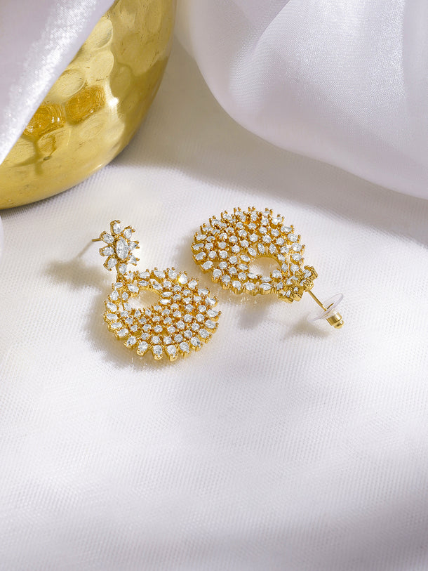 Rubans 18K Gold-Plated Round Crystal Zirconia Studded Statement Drop Earrings
