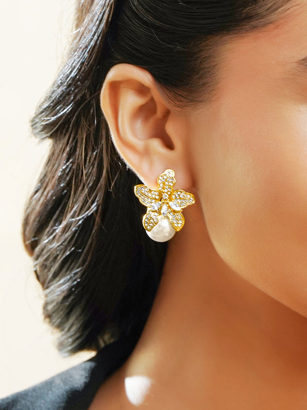 Rubans 18K Gold-Plated Crystal-Stone Floral Pearl Stud Earrings