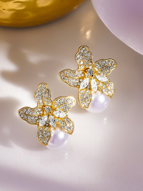 Rubans 18K Gold-Plated Crystal-Stone Floral Pearl Stud Earrings