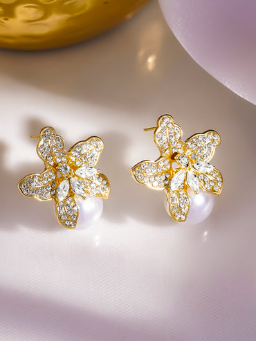 Rubans 18K Gold-Plated Crystal-Stone Floral Pearl Stud Earrings