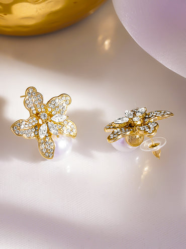 Rubans 18K Gold-Plated Crystal-Stone Floral Pearl Stud Earrings
