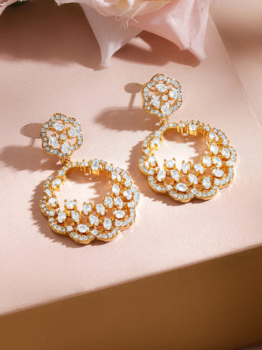 Gold Plated Brass American Diamond Floral Drop Earrings