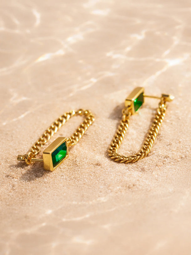 Demi Fine 18K Gold Plated Emerald Chain Loop Dangler Earrings | Anti Tarnish