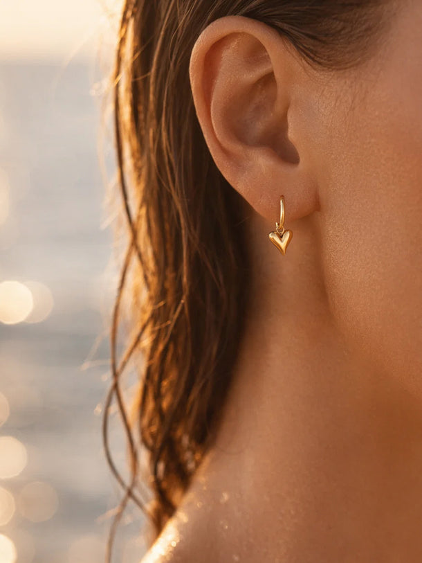 Demi Fine 18K Gold Plated Puffy Heart Charm Hoop Drop Earrings | Anti Tarnish