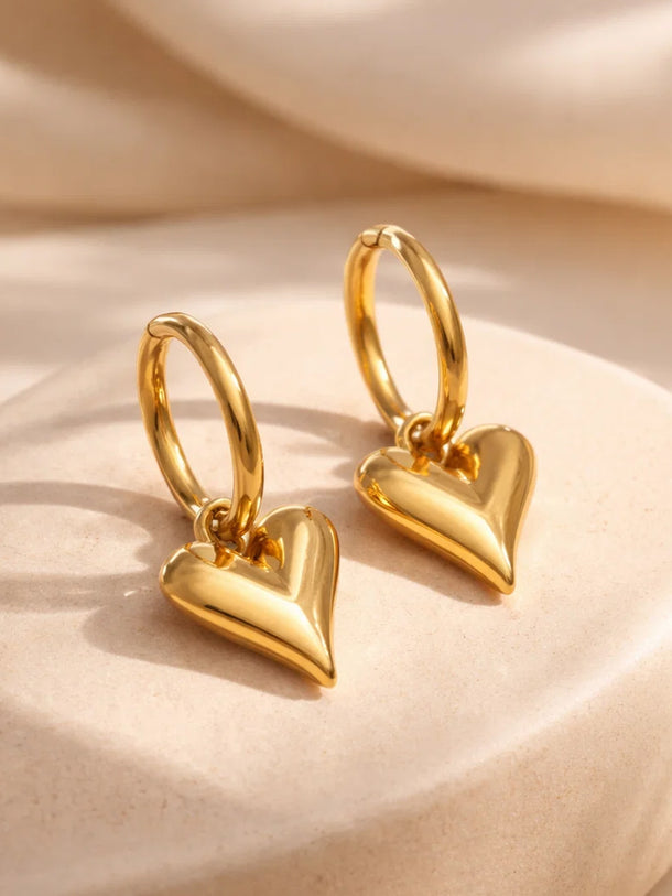 Demi Fine 18K Gold Plated Puffy Heart Charm Hoop Drop Earrings | Anti Tarnish