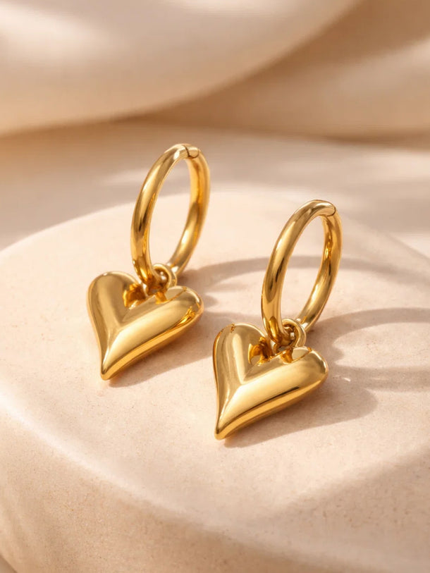 Demi Fine 18K Gold Plated Puffy Heart Charm Hoop Drop Earrings | Anti Tarnish