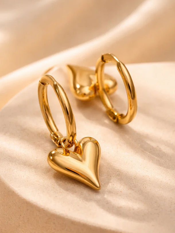 Demi Fine 18K Gold Plated Puffy Heart Charm Hoop Drop Earrings | Anti Tarnish