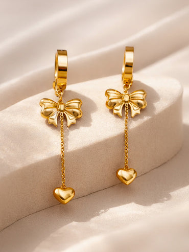 Demi Fine 18K Gold Plated Bow Chain Heart Drop Dangler Earrings | Anti Tarnish